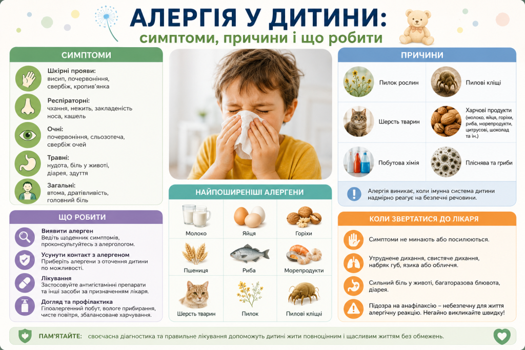Інфографіка про симптоми, причини алергії у дітей та способи лікування