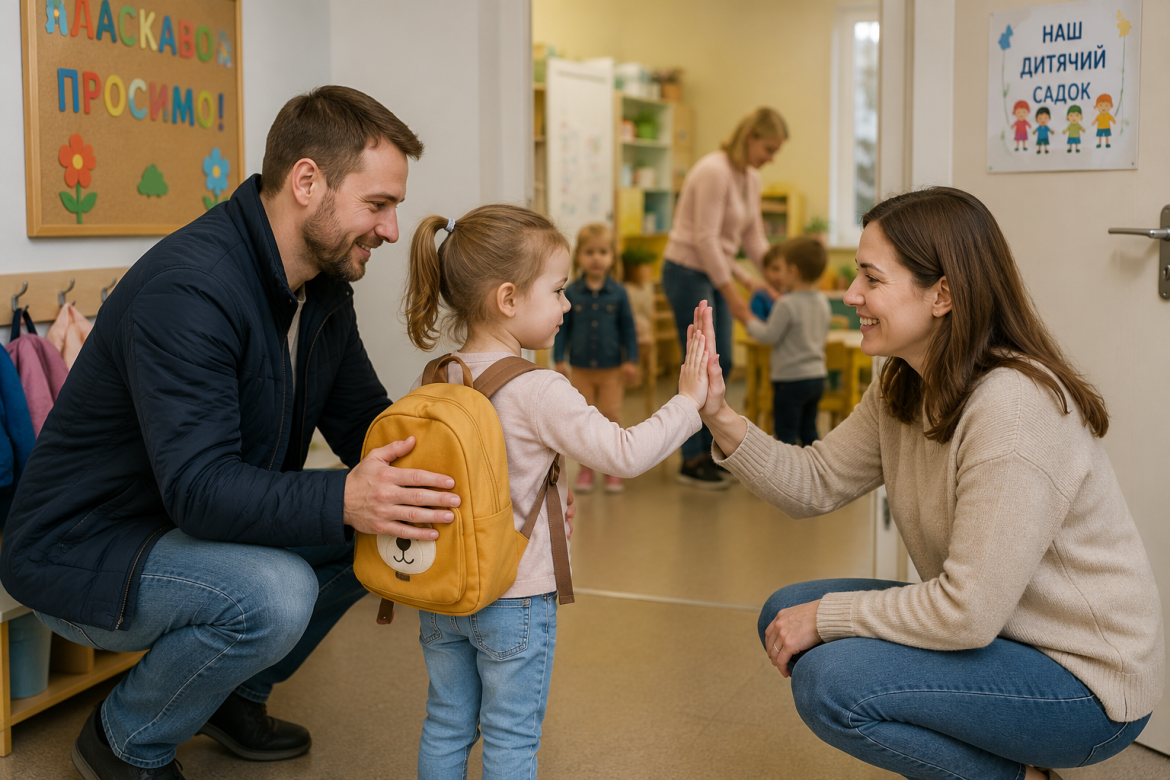 Батьки допомагають маленькій дівчинці адаптуватися в дитячому садку під час першого дня.