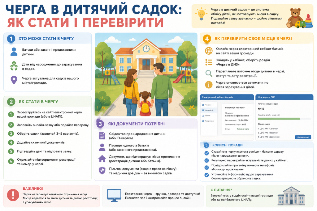 Інфографіка з інструкцією як зареєструватися та перевірити чергу в садок