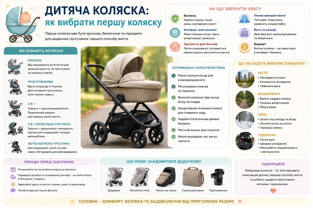 Інфографіка з видами дитячих колясок та порадами щодо вибору першої коляски
