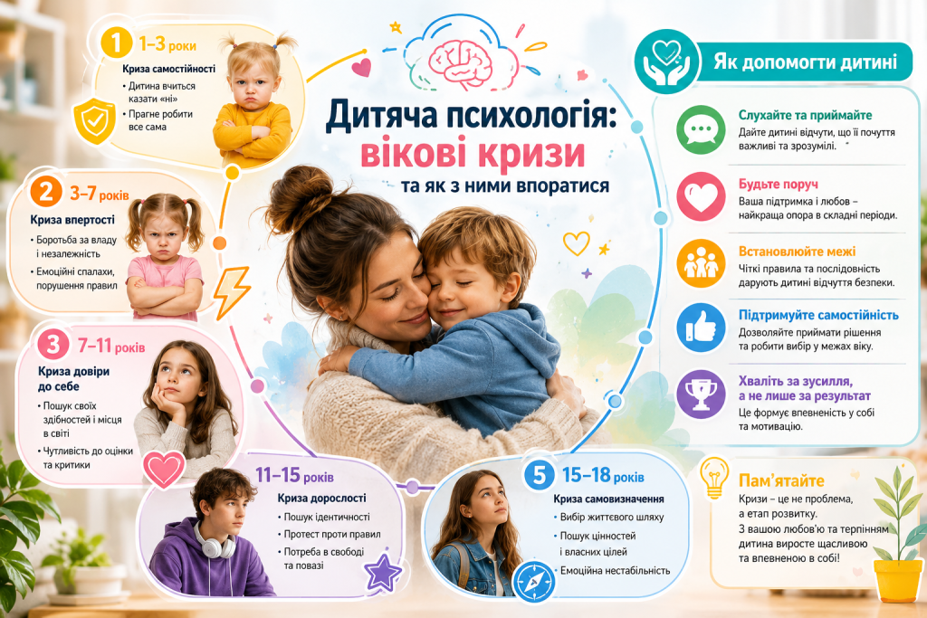 Інфографіка про вікові кризи дитини від 1 до 18 років та поради батькам