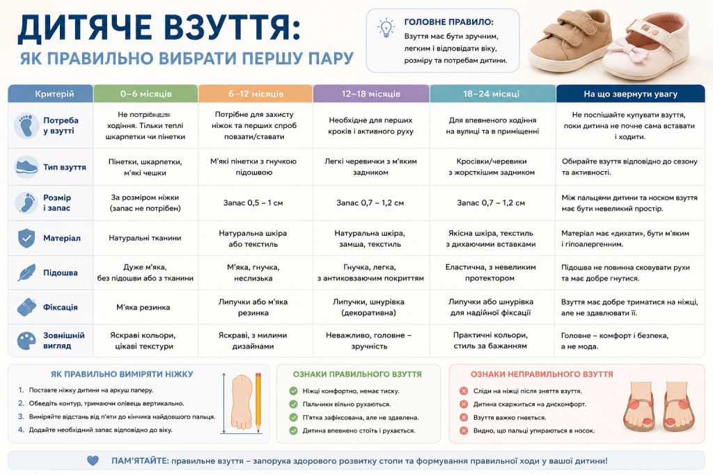 Таблиця критеріїв вибору дитячого взуття за віком від 0 до 24 місяців