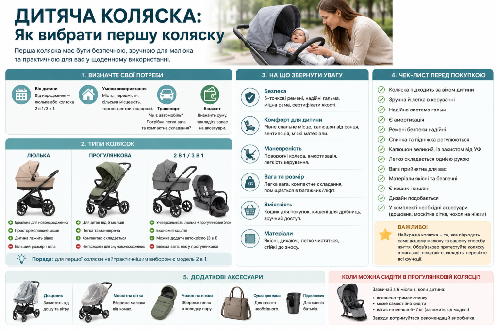Інфографіка з порадами щодо вибору першої дитячої коляски