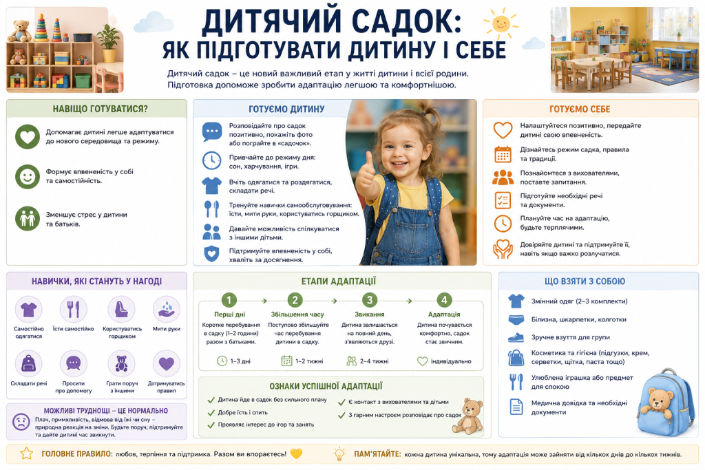 Інфографіка про підготовку дитини до дитячого садка, етапи адаптації та необхідні речі.
