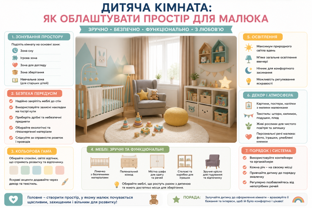 Інфографіка з порадами щодо облаштування дитячої кімнати для немовляти