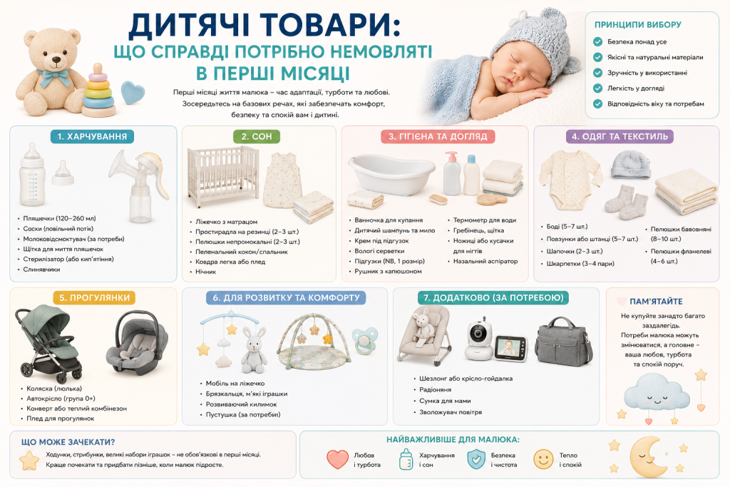 Інфографіка з переліком необхідних речей для немовляти в перші місяці життя