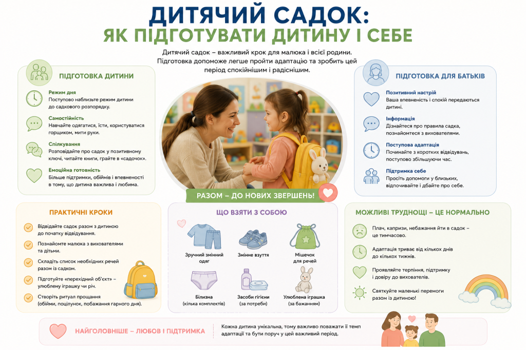 Інфографіка з порадами щодо підготовки дитини та батьків до дитячого садка