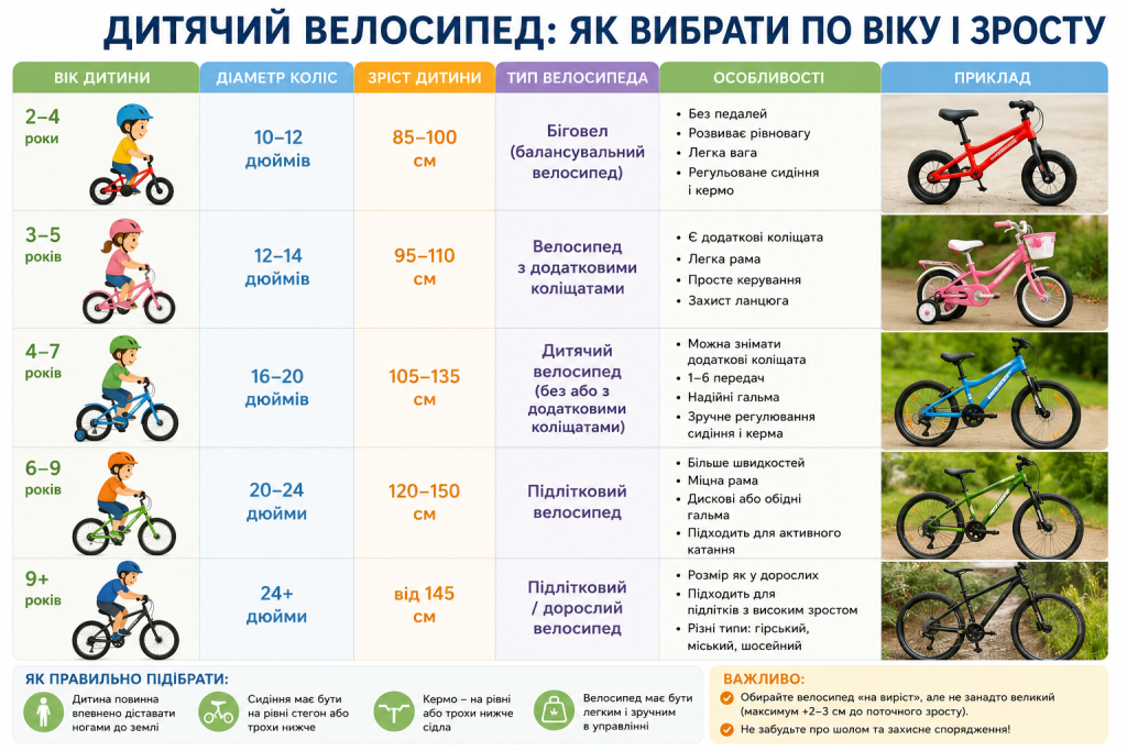 Таблиця підбору дитячого велосипеда за віком та зростом дитини