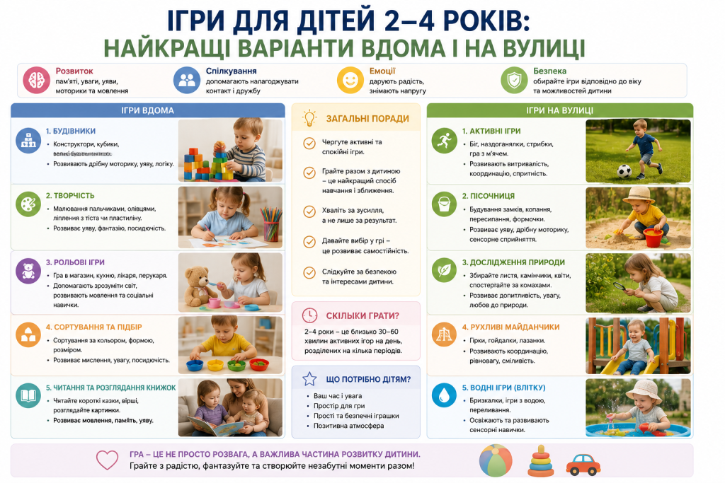 Інфографіка з найкращими іграми для дітей 2-4 років вдома і на вулиці