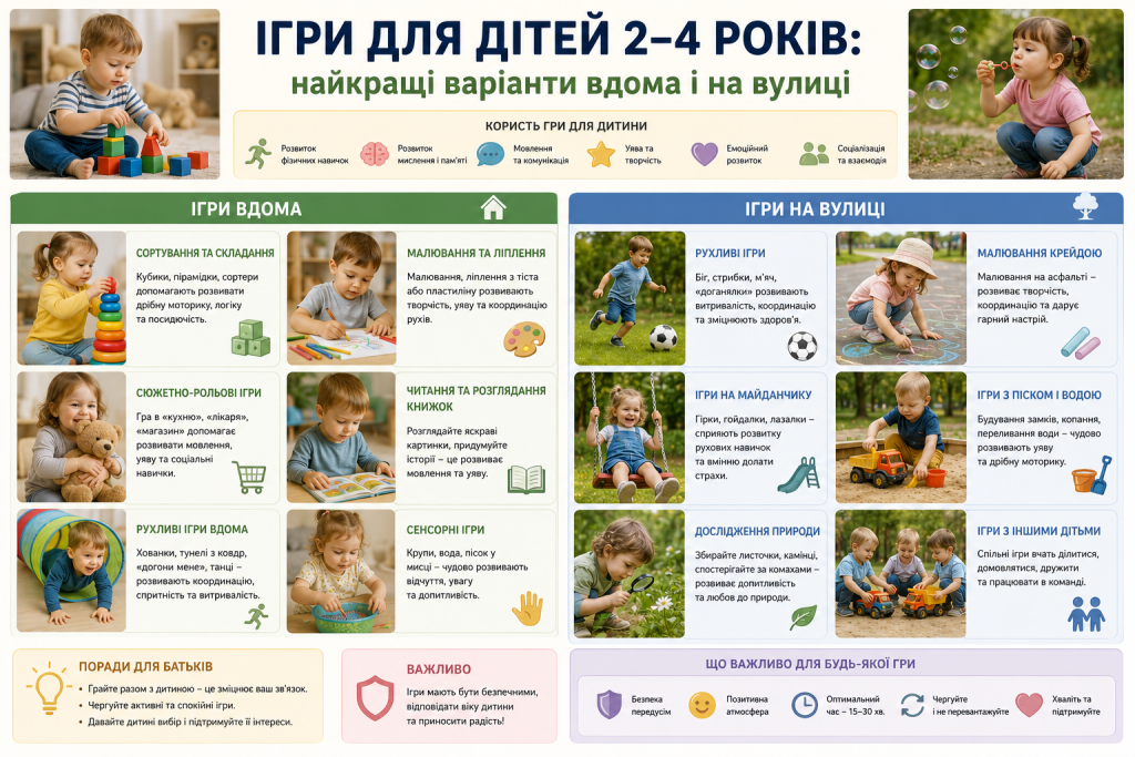 Інфографіка з переліком розвивальних ігор для дітей удома та на вулиці