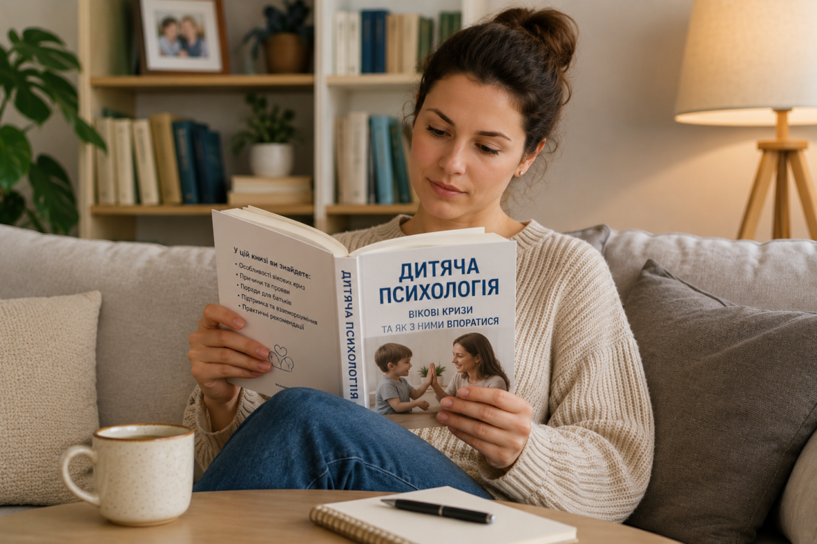 Жінка сидить на дивані та читає книгу про вікові кризи дітей