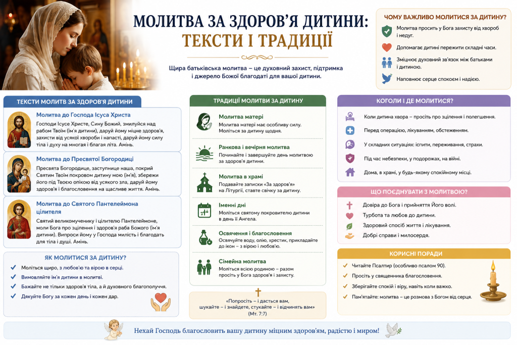Інфографіка з текстами молитов за здоров'я дитини та традиціями