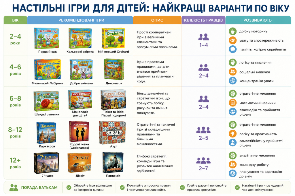 Таблиця рекомендованих настільних ігор для дітей від 2 до 12+ років