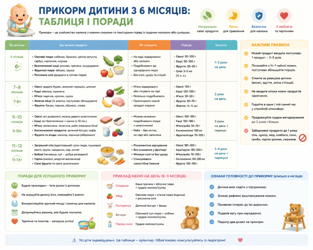 Таблиця введення прикорму дитині від 6 до 12 місяців з порадами