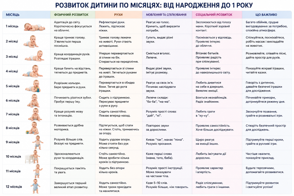 Таблиця розвитку дитини від народження до 1 року по місяцях з фото та описом навичок
