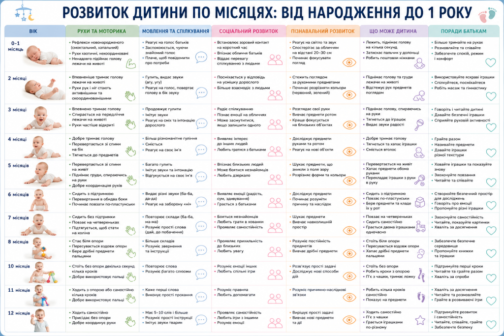 Інфографіка з детальною таблицею розвитку дитини по місяцях: рухи, мовлення, соціальний розвиток та поради батькам