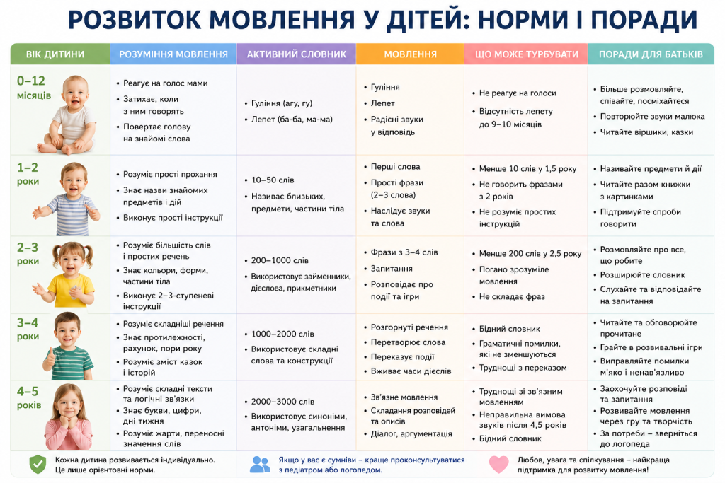 Таблиця норм розвитку мовлення дитини від народження до 5 років