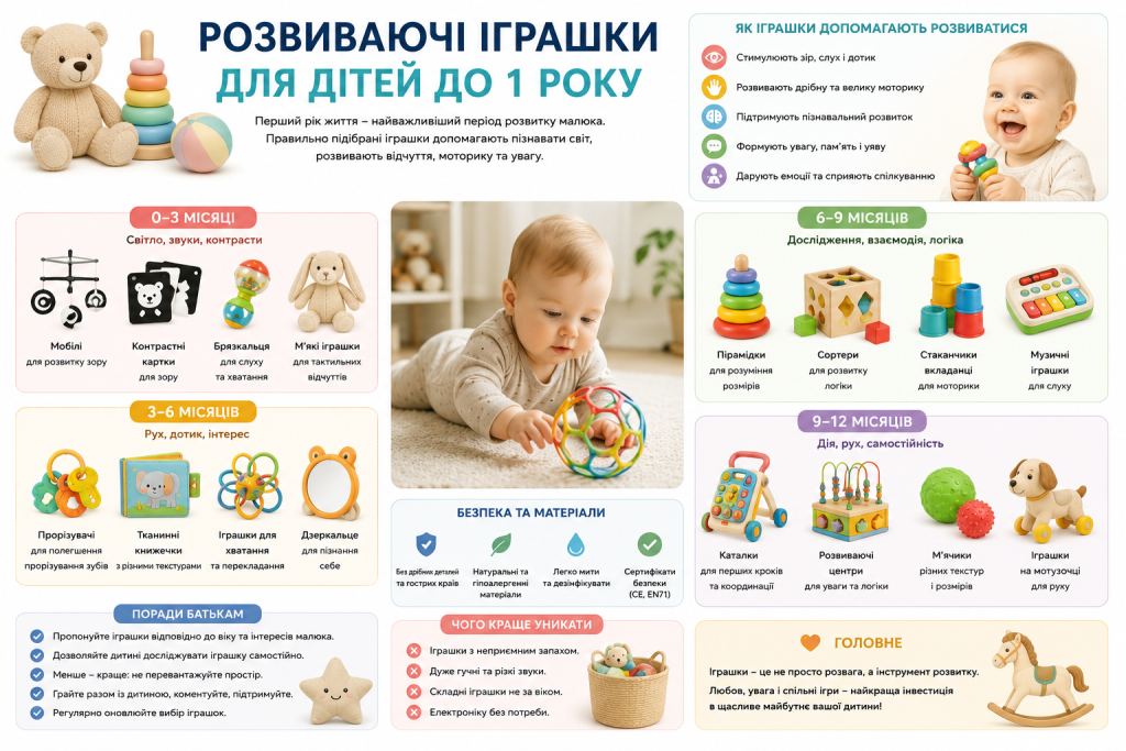 Інфографіка з переліком розвиваючих іграшок за віком дитини до 1 року