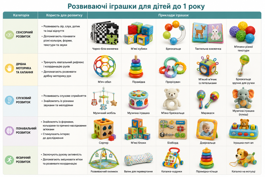 Інфографіка з прикладами розвиваючих іграшок для дітей до 1 року