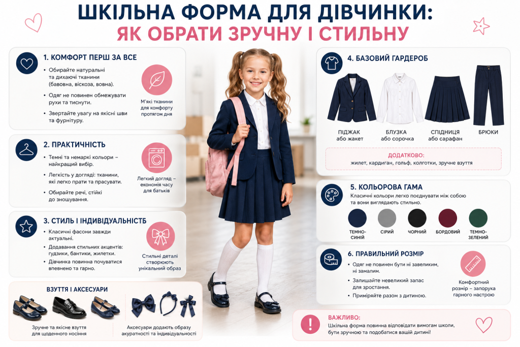 Інфографіка з порадами щодо вибору шкільної форми для дівчинки