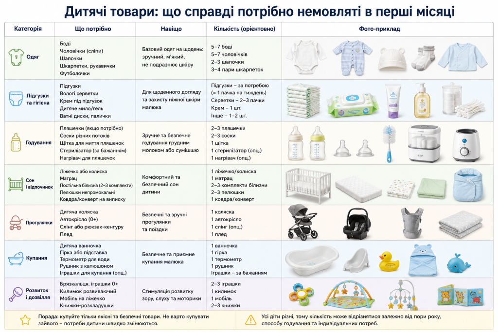 Інфографіка зі списком необхідних товарів для новонародженого: одяг, гігієна, годування, сон, прогулянки та іграшки.