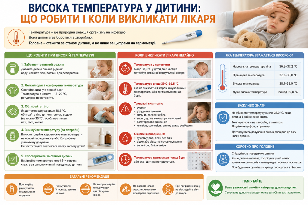 Інфографіка з порадами, що робити при високій температурі у дитини та коли викликати лікаря