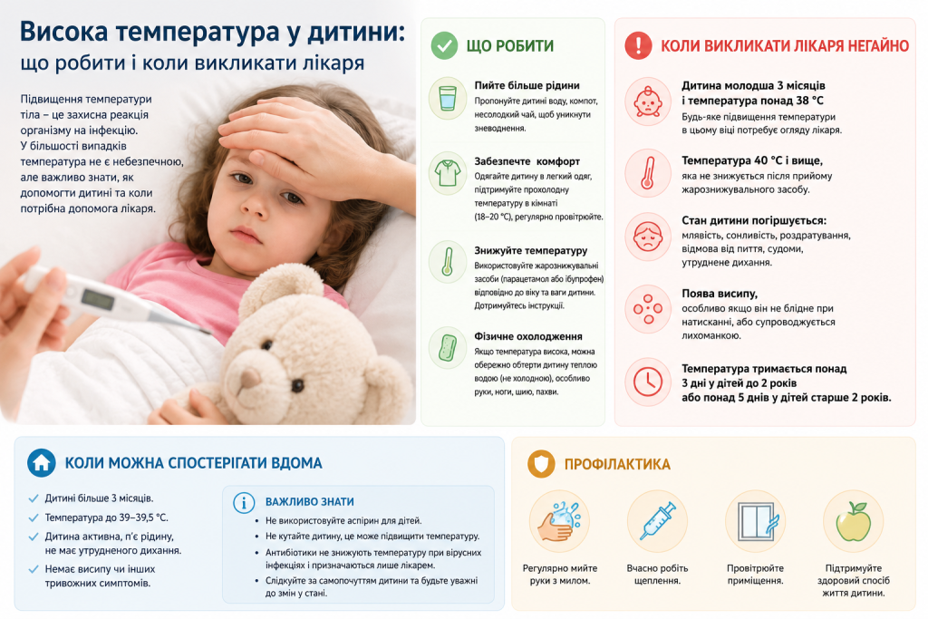 Інфографіка про високу температуру у дитини — що робити вдома, коли негайно викликати лікаря, коли можна спостерігати вдома та поради з профілактики