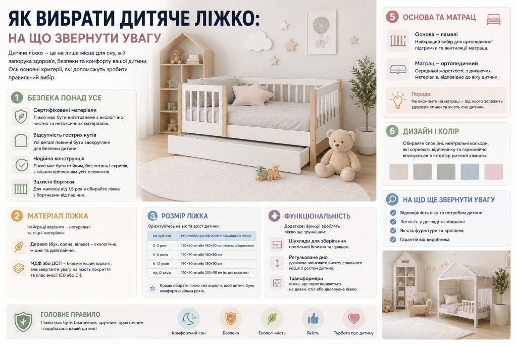 Інфографіка з критеріями вибору дитячого ліжка за безпекою, матеріалом і розміром