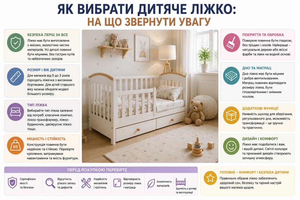 Інфографіка з порадами щодо вибору дитячого ліжка — безпека, розмір, матеріали