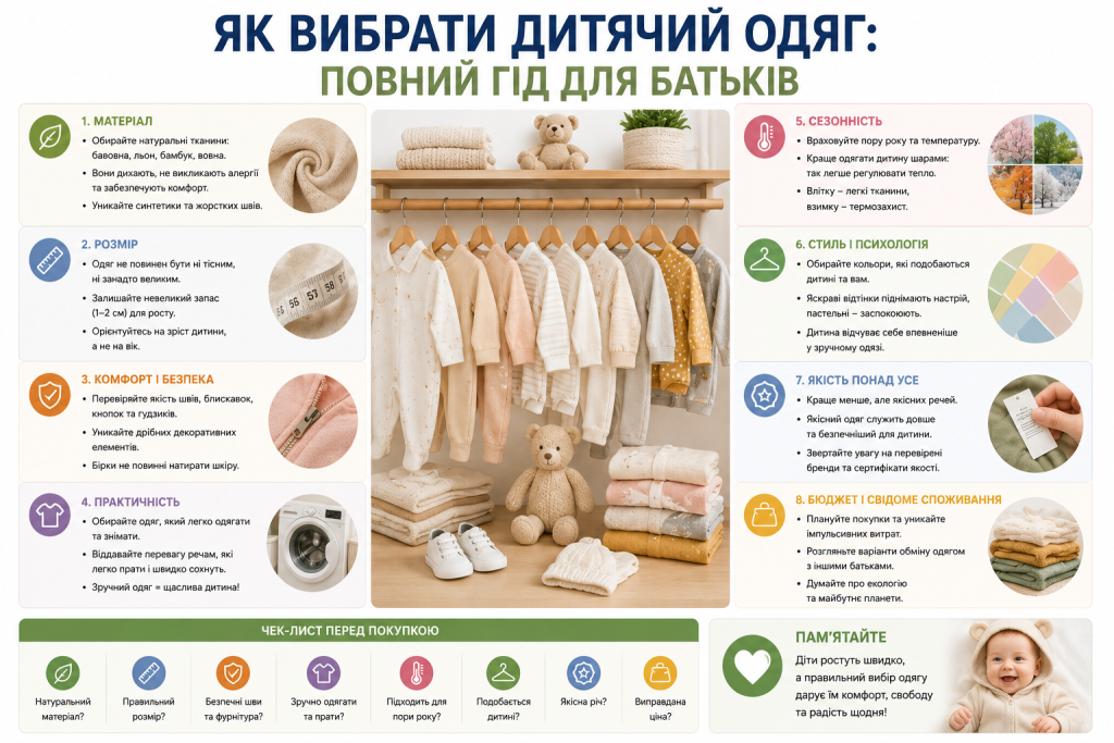 Інфографіка з порадами щодо вибору дитячого одягу — матеріал, розмір, якість