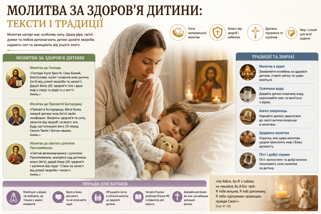 Інфографіка з молитвами за здоров’я дитини, православними традиціями та порадами для батьків
