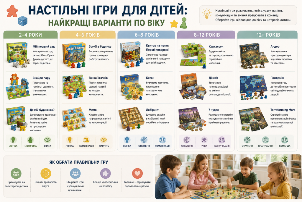 Інфографіка з добіркою настільних ігор для дітей різного віку від 2 років із порадами щодо правильного вибору гри.