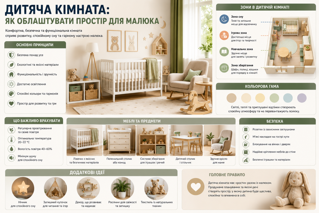 Інфографіка про облаштування дитячої кімнати з поділом на зони, вибором меблів, кольорової гами та правилами безпеки.