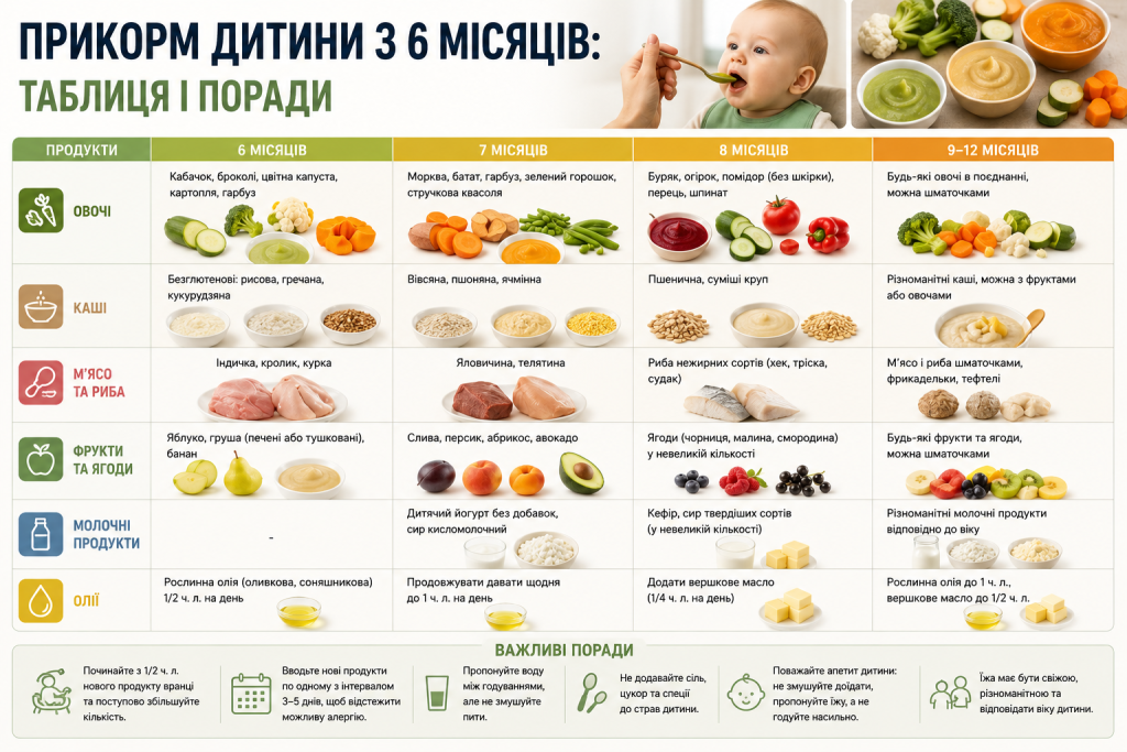 Інфографіка з таблицею прикорму дитини від 6 до 12 місяців, продуктами та основними порадами для батьків
