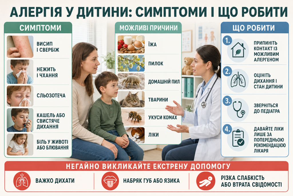 Інфографіка про симптоми алергії у дітей, можливі алергени, дії батьків та ознаки, за яких необхідна екстрена медична допомога.