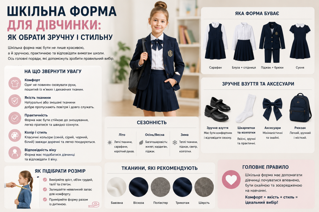 Інфографіка про вибір зручної шкільної форми для дівчинки, види одягу, тканини, взуття, аксесуари та сезонність.