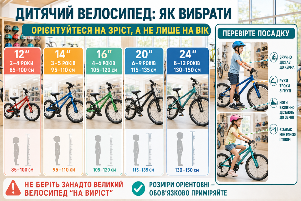 Інфографіка з розмірами дитячих велосипедів 12, 14, 16, 20 і 24 дюйми та рекомендаціями щодо вибору за зростом і правильної посадки.