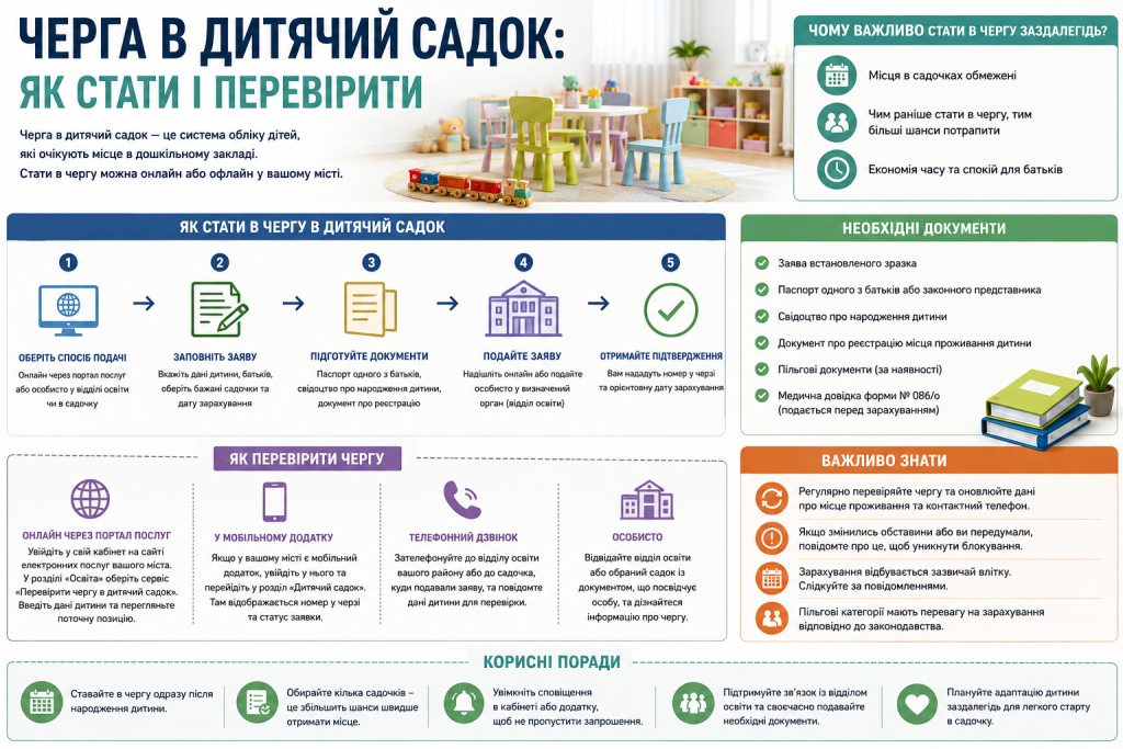 Інфографіка про постановку дитини в чергу до дитячого садка, необхідні документи та способи перевірки черги