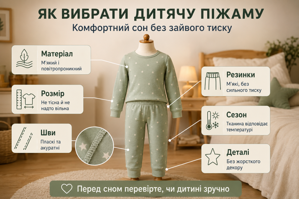 Інфографіка про вибір дитячої піжами за матеріалом, розміром, швами, резинками та сезоном