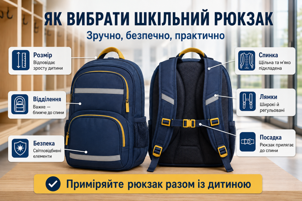Інфографіка про вибір шкільного рюкзака за розміром, спинкою, лямками, відділеннями та світловідбивними елементами
