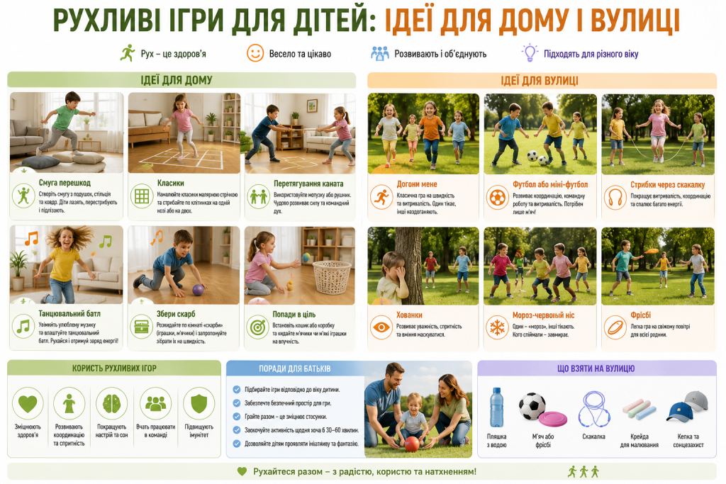 Інфографіка з рухливими іграми для дітей удома та на вулиці, прикладами активностей і порадами для батьків